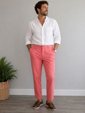 Brooks Brothers 346 Fitzgerald Fit Pants Salmon Pink Linen Blend W36 L32